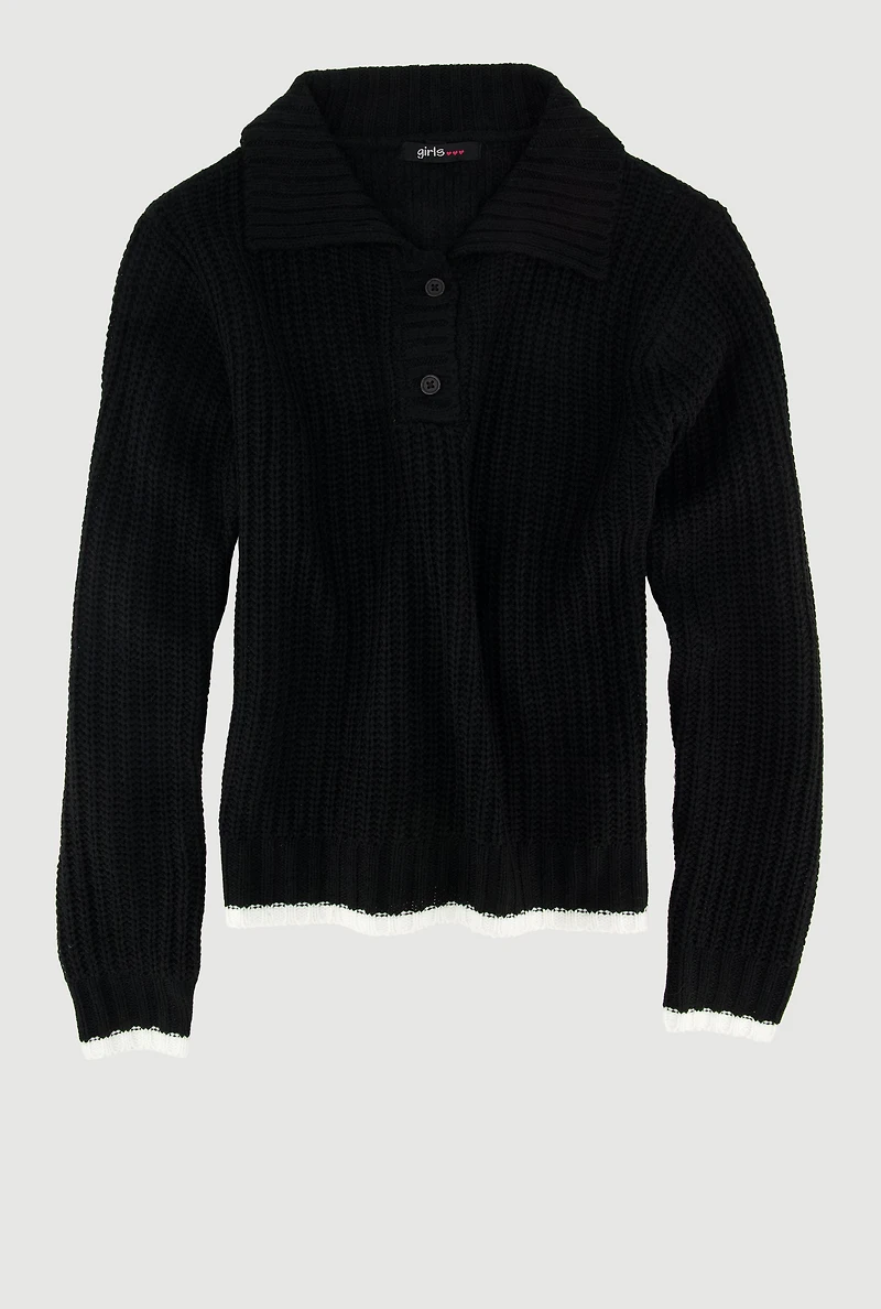 Girls Long Sleeve Contrast Trim Polo Sweater,