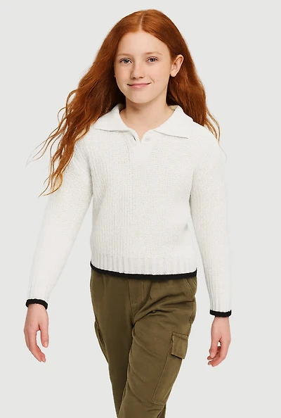 Girls Long Sleeve Contrast Trim Polo Sweater, White, Size 7-8