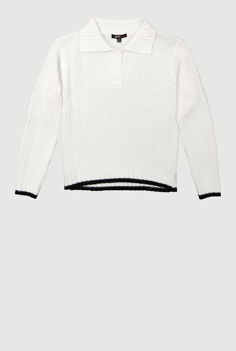 Girls Long Sleeve Contrast Trim Polo Sweater, White, Size 7-8