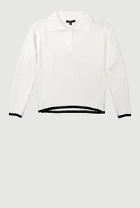 Girls Long Sleeve Contrast Trim Polo Sweater, White, Size 7-8