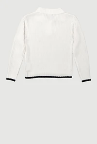 Girls Long Sleeve Contrast Trim Polo Sweater, White, Size 7-8