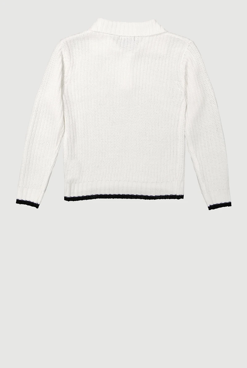 Girls Long Sleeve Contrast Trim Polo Sweater, White, Size 10-12