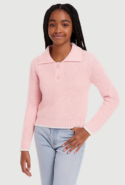 Girls Long Sleeve Contrast Trim Polo Sweater, Pink, Size 10-12