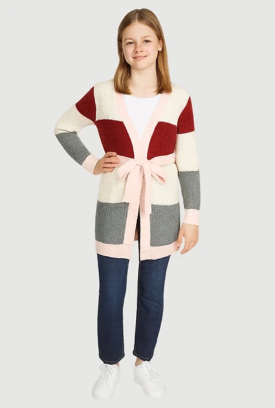 Girls Color Block Open Front Cardigan with Tie Waist Belt, Multi, Size 14-16