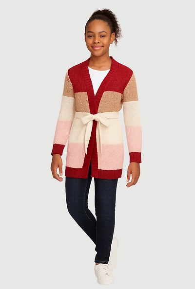 Girls Color Block Open Front Cardigan with Tie Waist Belt, Multi, Size 7-8