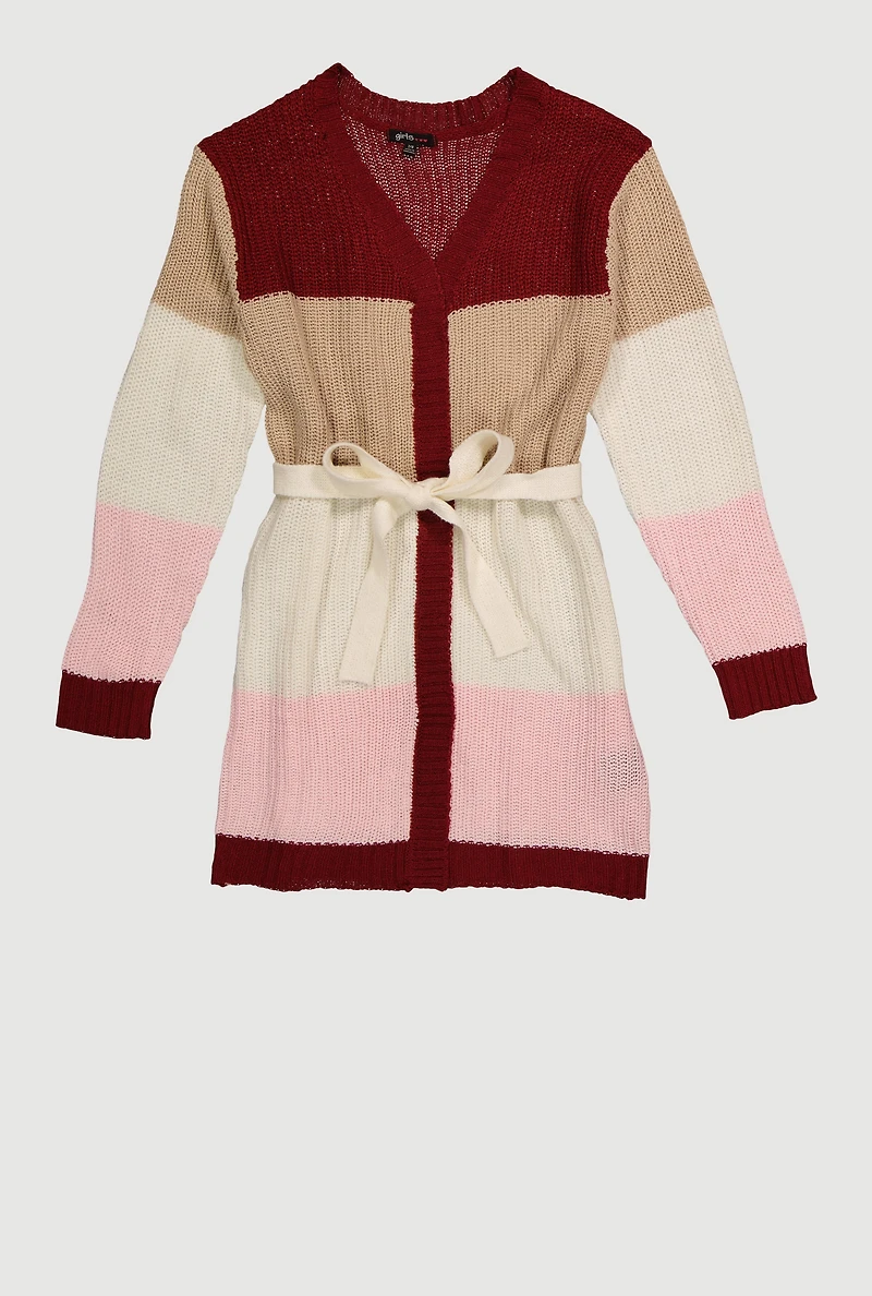 Girls Color Block Open Front Cardigan with Tie Waist Belt