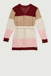Girls Color Block Open Front Cardigan with Tie Waist Belt