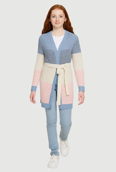 Girls Color Block Open Front Cardigan with Tie Waist Belt, Multi, Size 14-16