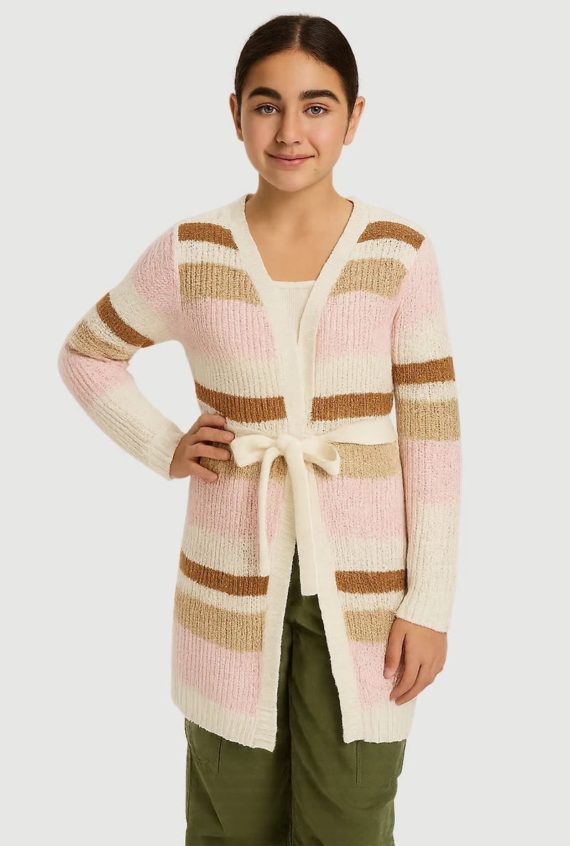 Girls Striped Open Front Duster with Tie Waist Belt, Multi,