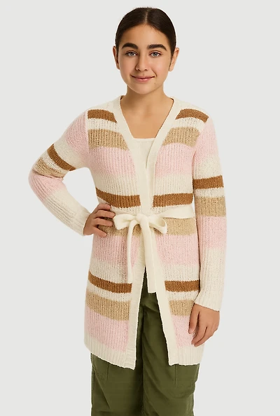 Girls Striped Open Front Duster with Tie Waist Belt, Multi,