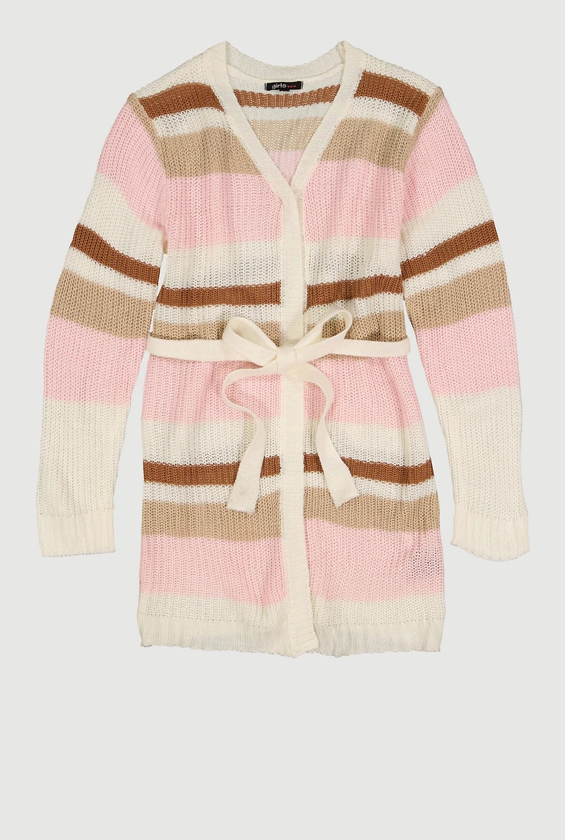 Girls Striped Open Front Duster with Tie Waist Belt, Multi,