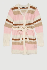 Girls Striped Open Front Duster with Tie Waist Belt, Multi,