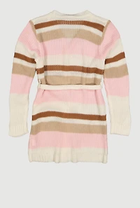 Girls Striped Open Front Duster with Tie Waist Belt, Multi,