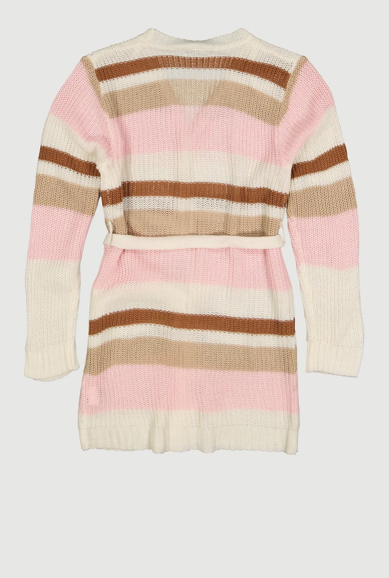 Girls Striped Open Front Duster with Tie Waist Belt, Multi,