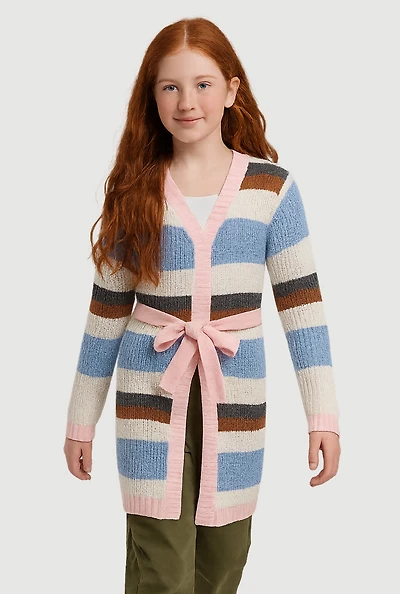 Girls Striped Open Front Duster with Tie Waist Belt, Multi,