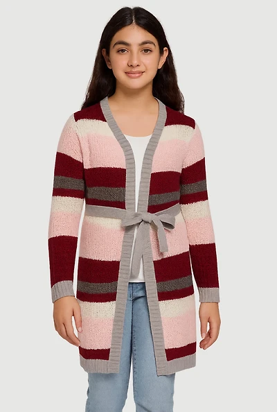 Girls Striped Open Front Duster with Tie Waist Belt, Multi, Size 14-16
