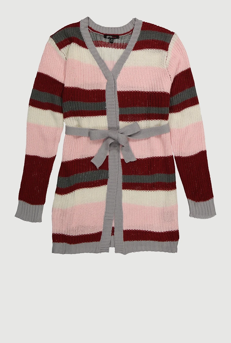 Girls Striped Open Front Duster with Tie Waist Belt