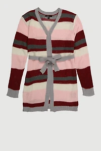 Girls Striped Open Front Duster with Tie Waist Belt