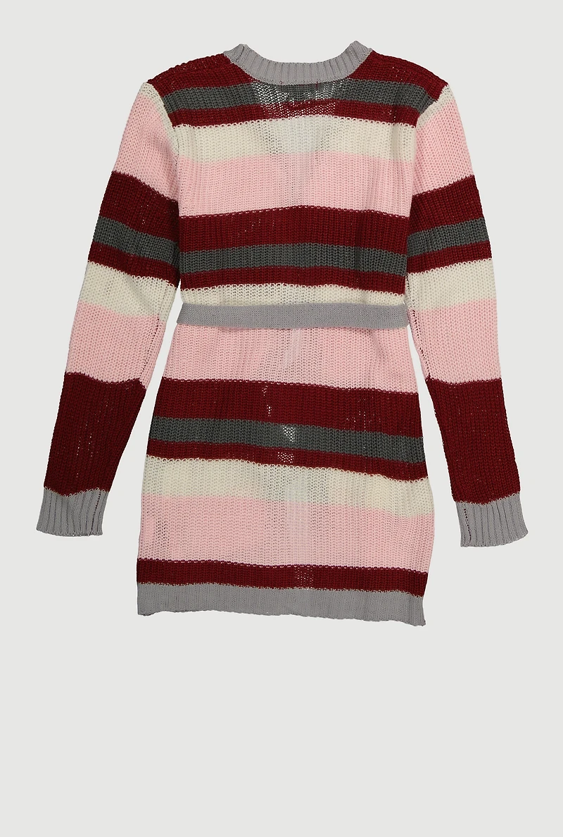 Girls Striped Open Front Duster with Tie Waist Belt, Multi,