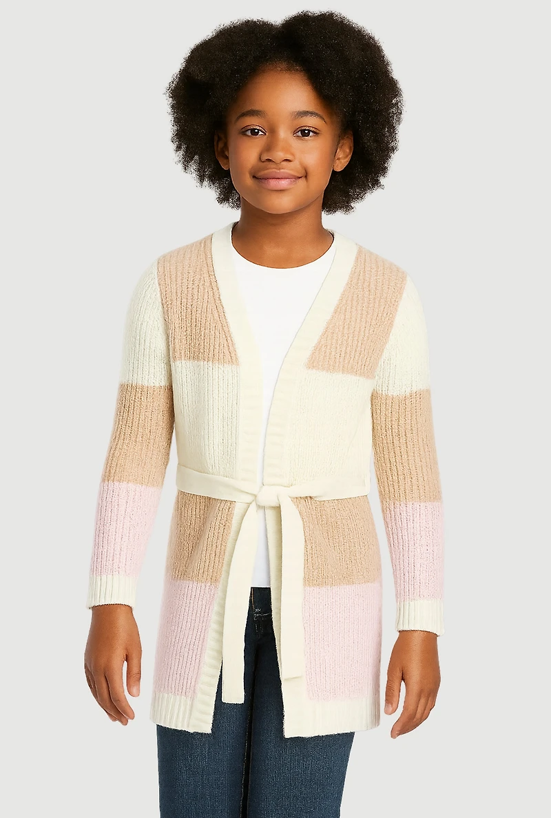 Girls Color Block Cardigan with Tie Waist Belt