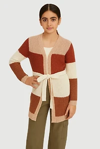 Girls Color Block Cardigan with Tie Waist Belt