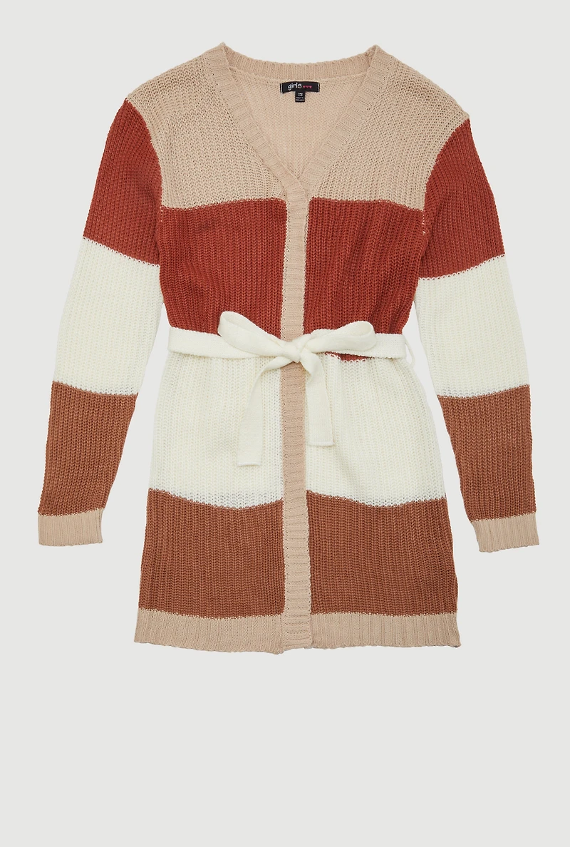 Girls Color Block Cardigan with Tie Waist Belt, Multi,