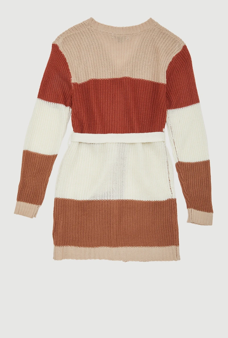Girls Color Block Cardigan with Tie Waist Belt