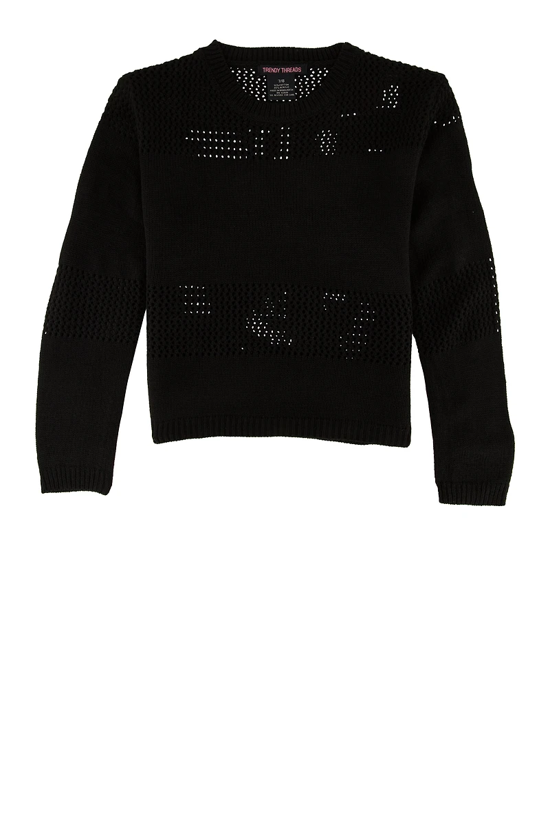 Girls Crochet Detail Pullover Sweater, Black, Size 10-12