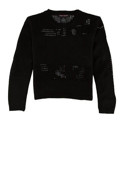 Girls Crochet Detail Pullover Sweater, Black, Size 10-12