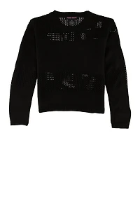 Girls Crochet Detail Pullover Sweater, Black, Size 10-12