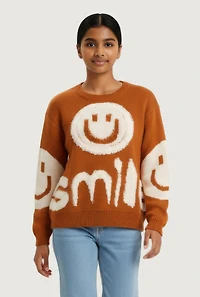 Girls Boucle Smile Graphic Sweater