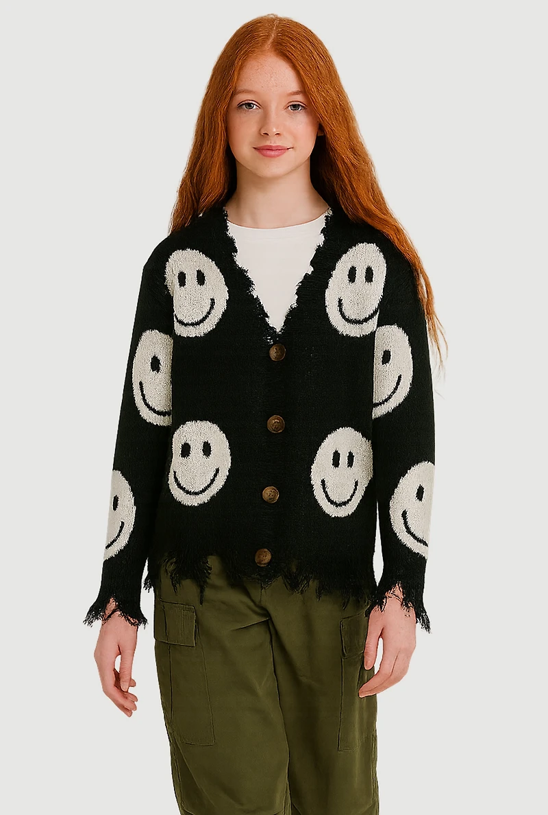 Girls Smiley Face Print Frayed Button Front Cardigan, Black, Size 10-12