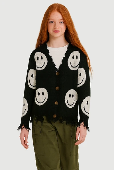 Girls Smiley Face Print Frayed Button Front Cardigan, Black, Size 10-12