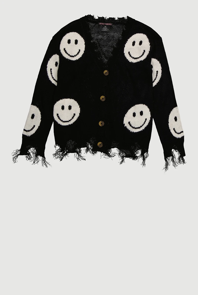 Girls Smiley Face Print Frayed Button Front Cardigan, Black, Size 10-12