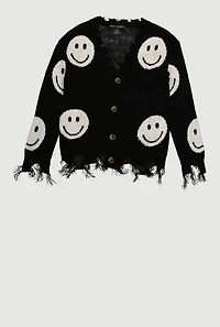 Girls Smiley Face Print Frayed Button Front Cardigan