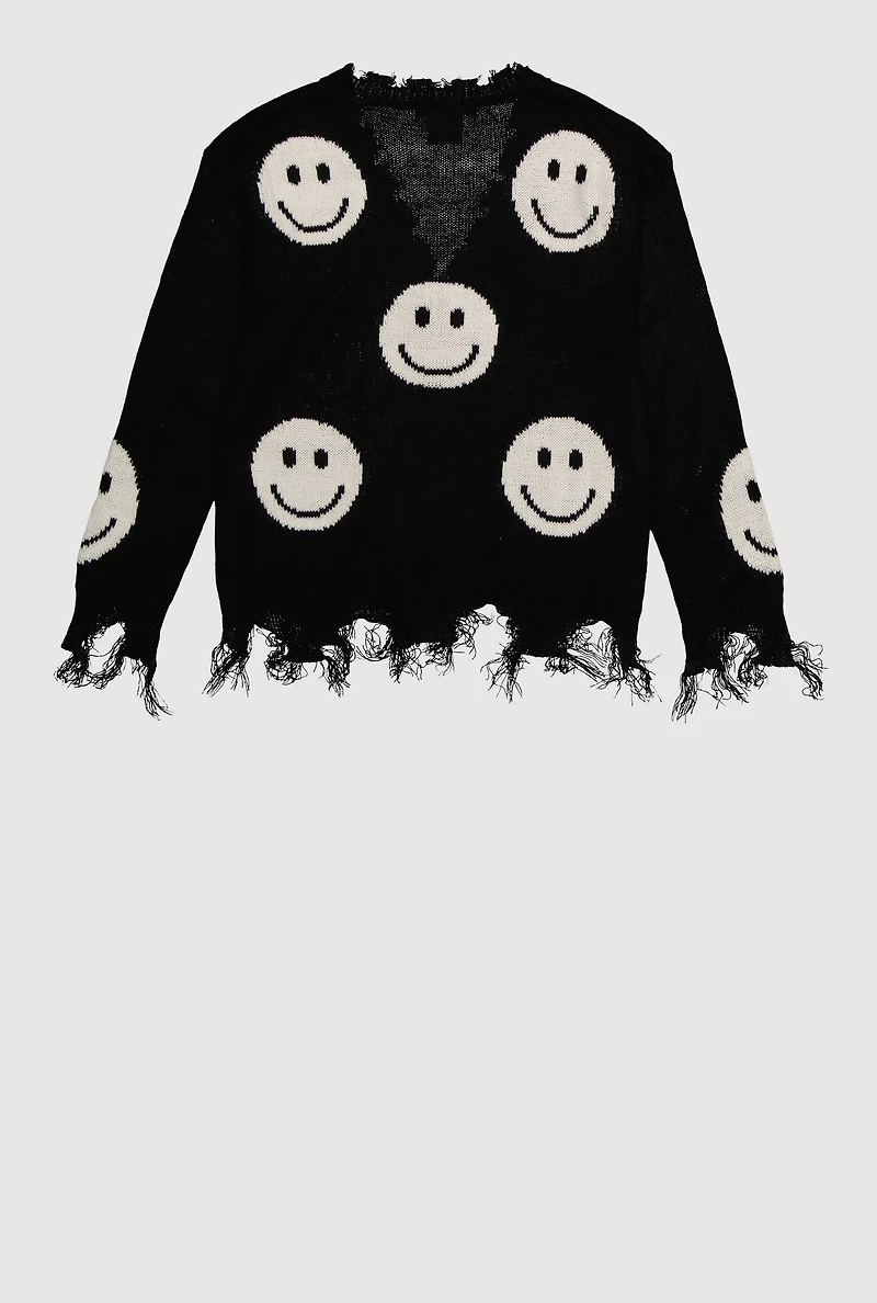 Girls Smiley Face Print Frayed Button Front Cardigan, Black, Size 10-12