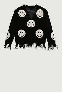 Girls Smiley Face Print Frayed Button Front Cardigan, Black, Size 10-12