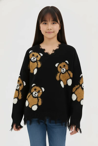 Girls Frayed Teddy Bear Graphic Sweater, Black, Size 14-16