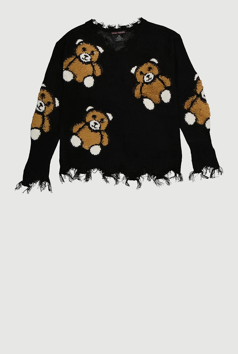 Girls Frayed Teddy Bear Graphic Sweater, Black, Size 14-16