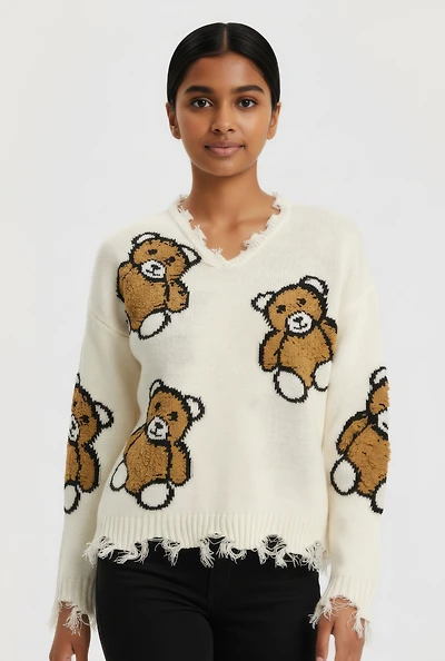 Girls Frayed Teddy Bear Graphic Sweater
