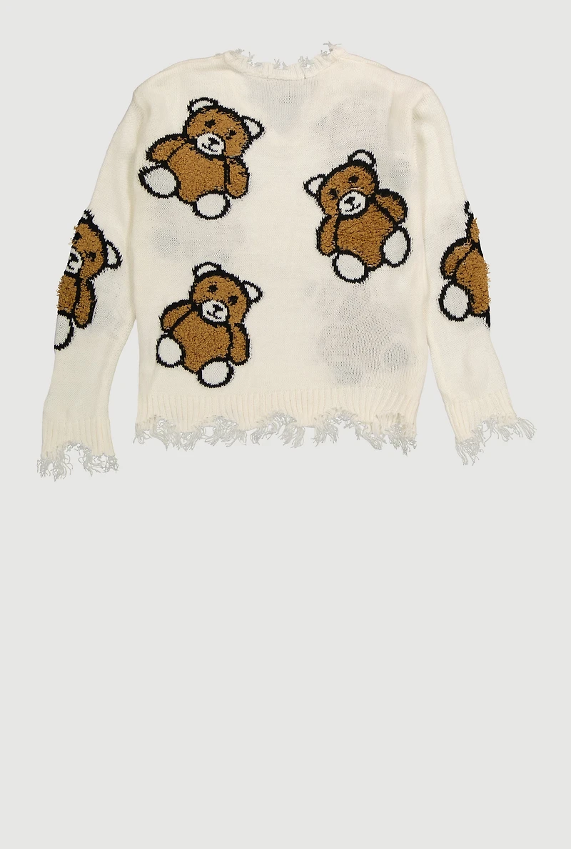 Girls Frayed Teddy Bear Graphic Sweater