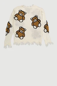 Girls Frayed Teddy Bear Graphic Sweater