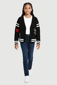 Girls Cable Knit Varsity Stripe Patch Graphic Cardigan, Black,