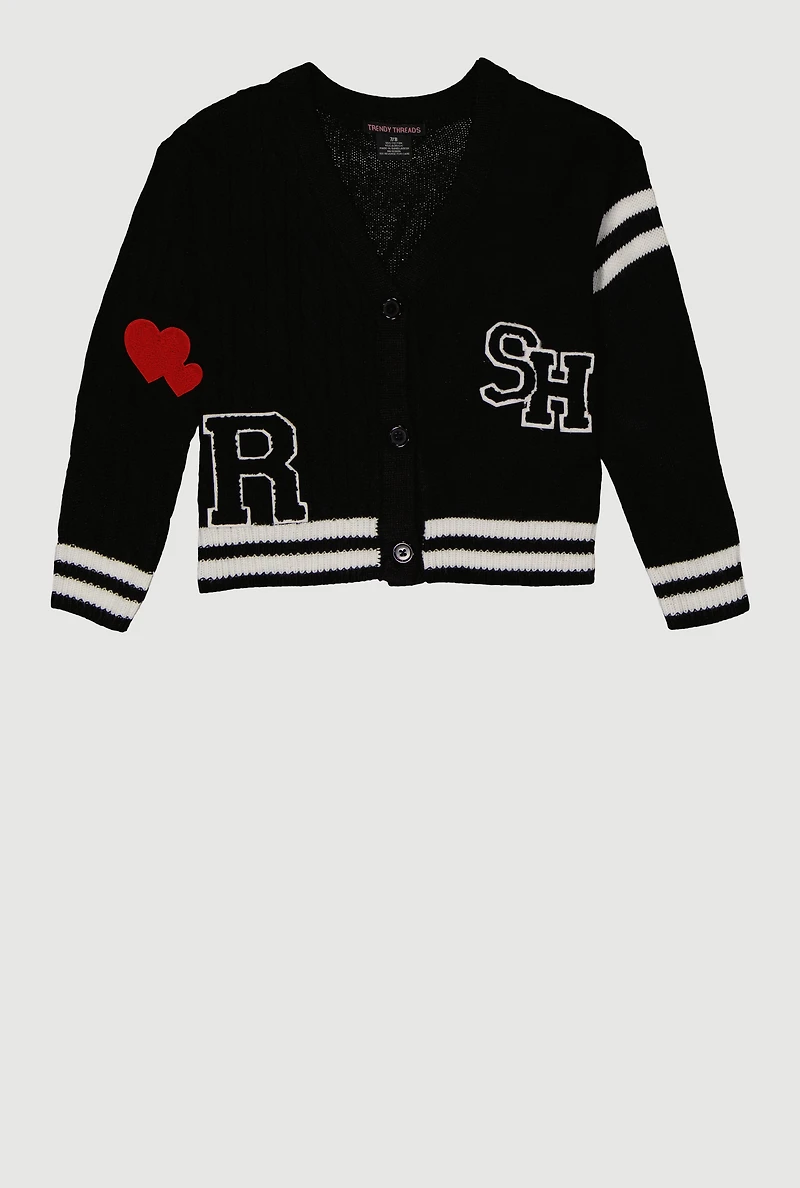 Girls Cable Knit Varsity Stripe Patch Graphic Cardigan
