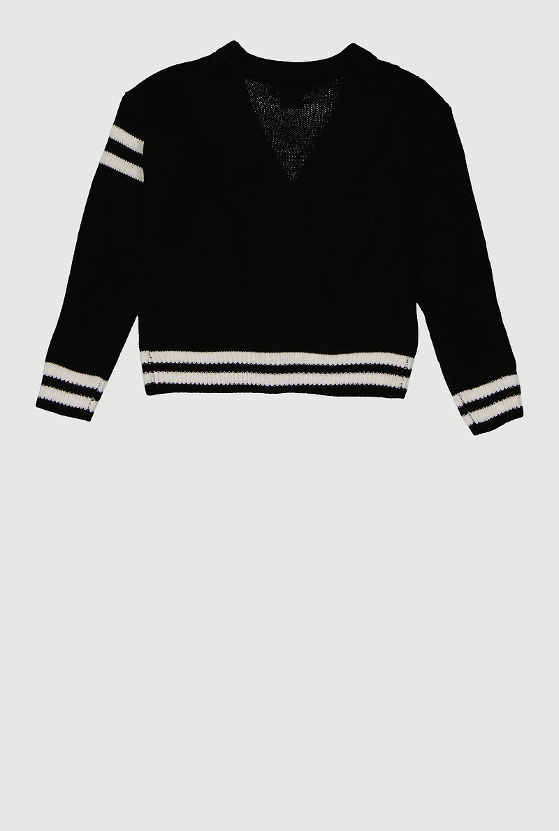 Girls Cable Knit Varsity Stripe Patch Graphic Cardigan, Black,