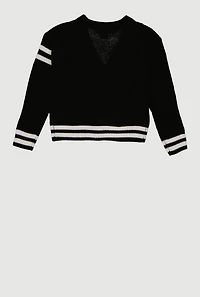 Girls Cable Knit Varsity Stripe Patch Graphic Cardigan, Black,