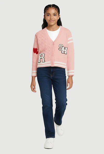 Girls Cable Knit Varsity Stripe Patch Graphic Cardigan