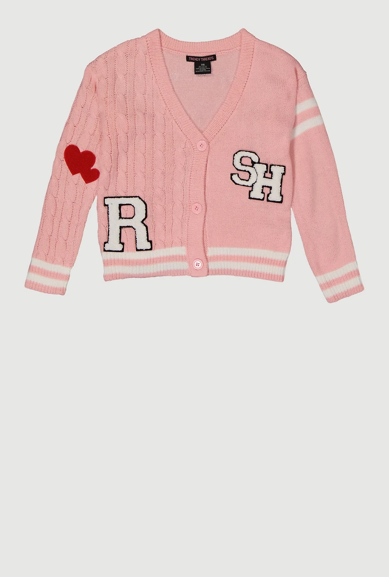 Girls Cable Knit Varsity Stripe Patch Graphic Cardigan