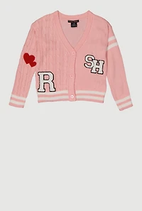 Girls Cable Knit Varsity Stripe Patch Graphic Cardigan