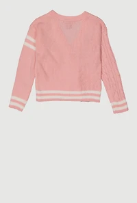 Girls Cable Knit Varsity Stripe Patch Graphic Cardigan, Pink, Size 10-12